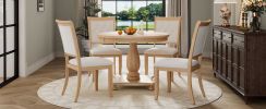 TREXM 5-Piece Retro Dining Set, Round Table with Pedestal Table Base and 4 Upholstered Chairs for Dining Room and Kitchen (Natural Wood Wash)