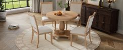 TREXM 5-Piece Retro Dining Set, Round Table with Pedestal Table Base and 4 Upholstered Chairs for Dining Room and Kitchen (Natural Wood Wash)