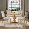 TREXM 5-Piece Retro Dining Set, Round Table with Pedestal Table Base and 4 Upholstered Chairs for Dining Room and Kitchen (Natural Wood Wash)