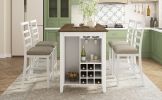 TREXM 5-Piece Multi-Functional Rubber Wood Counter Height Dining Set with Padded Chairs and Integrated 9 Bar Wine Compartment
