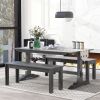 TREXM 3-Piece Retro Dining Set, Rectangular Trestle Table and 2 Wood Benches for 4 People for Dining Room and Kitchen (Grey)